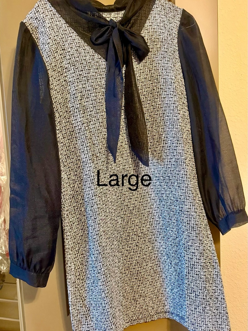 Black Bow-Tie Tweed Shift Dress with Sheer Sleeves